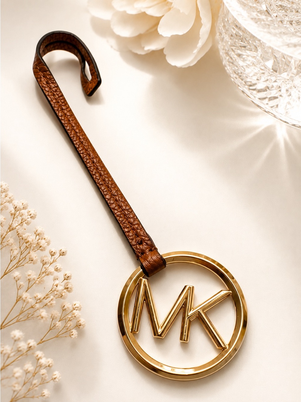 Michael Kors 9” MK Gold Tone Bag Charm Replacement Cognac Leather Strap